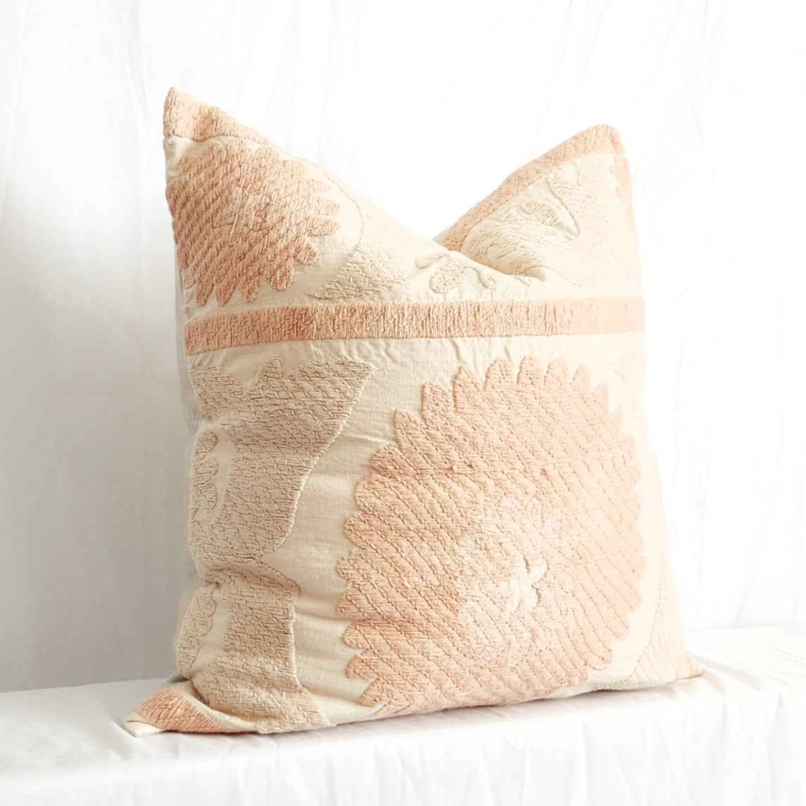 Azra Pastel Peach & Cream Boho Pillow Cover with Uzbek Embroidered Suzani Pattern | Dusk & Bloom