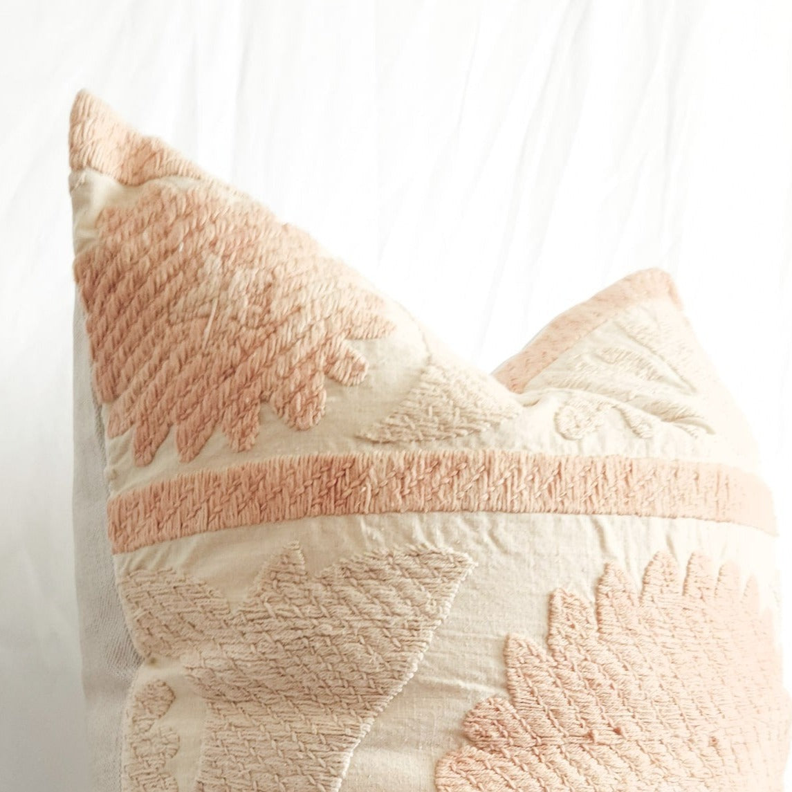 Azra Pastel Peach & Cream Boho Pillow Cover with Uzbek Embroidered Suzani Pattern | Dusk & Bloom