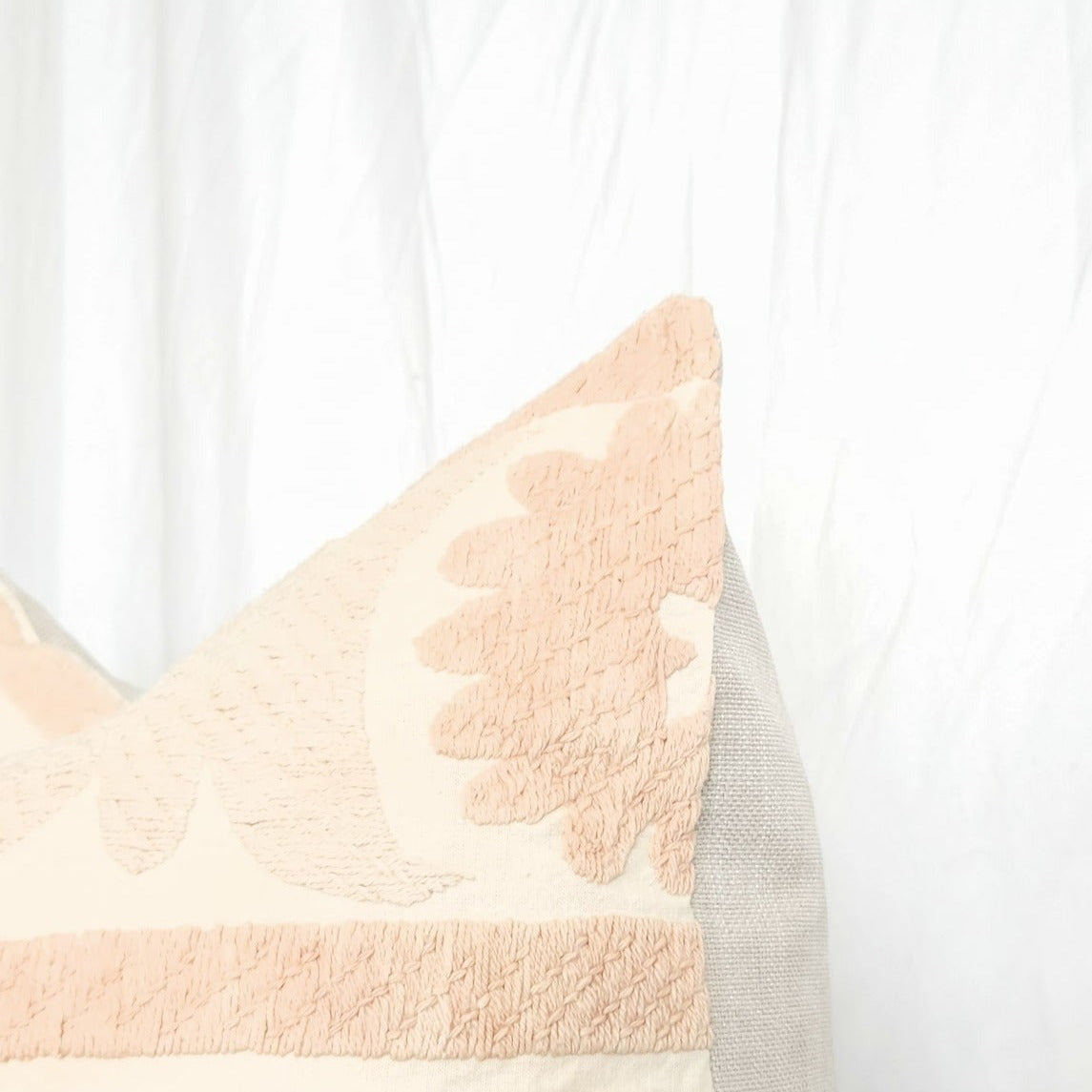 Azra Pastel Peach & Cream Boho Pillow Cover with Uzbek Embroidered Suzani Pattern | Dusk & Bloom