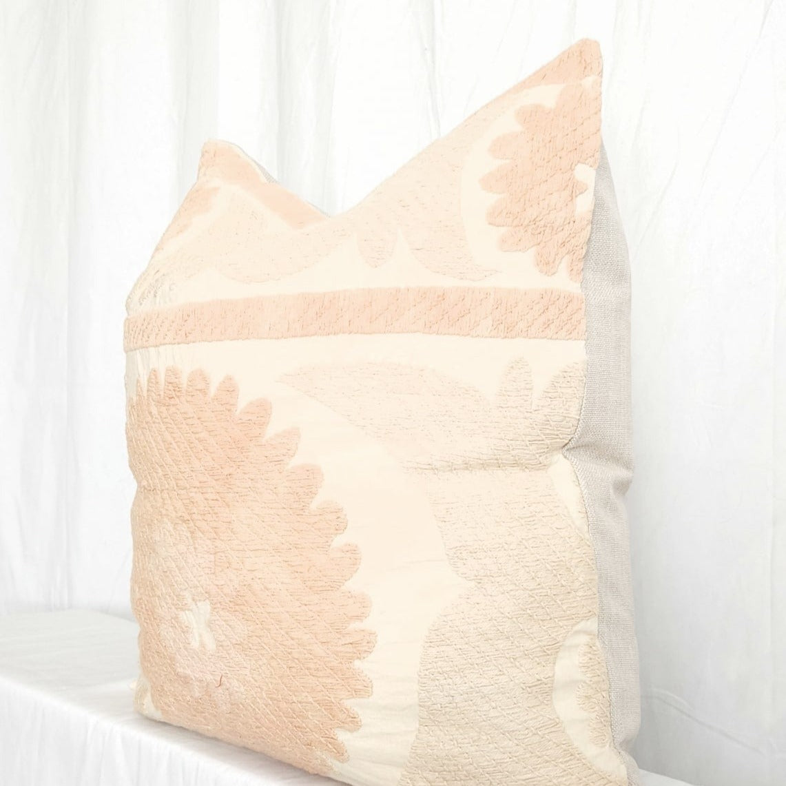 Azra Pastel Peach & Cream Boho Pillow Cover with Uzbek Embroidered Suzani Pattern | Dusk & Bloom