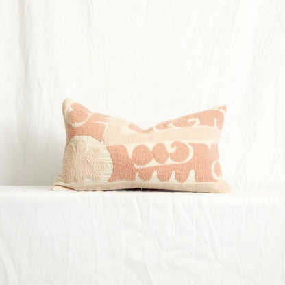 Azra Pastel Pink & Beige Boho Throw Pillow Cover with Uzbek Embroidered Suzani Pattern, Handmade | Lumbar, 20", 24", 26" (Quick Ship)
