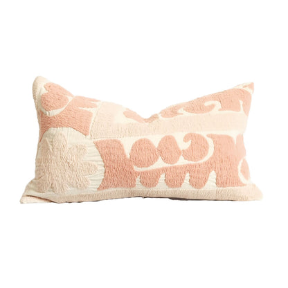 Azra Pastel Pink & Beige Boho Throw Pillow Cover with Uzbek Embroidered Suzani Pattern, Handmade | Lumbar, 20", 24", 26" (Quick Ship)