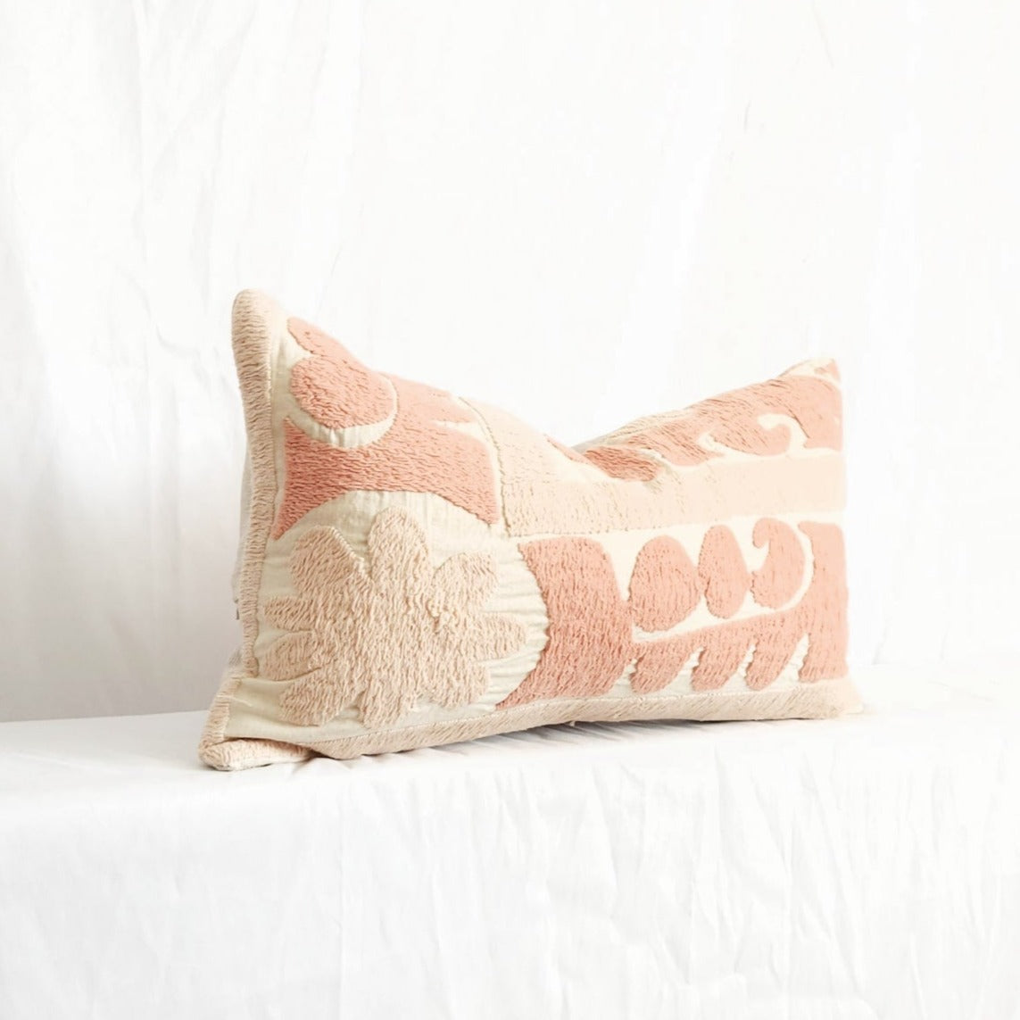Azra Pastel Pink & Beige Boho Throw Pillow Cover with Uzbek Embroidered Suzani Pattern, Handmade | Lumbar, 20", 24", 26" (Quick Ship)