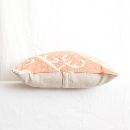 Azra Pastel Pink & Beige Boho Throw Pillow Cover with Uzbek Embroidered Suzani Pattern, Handmade | Lumbar, 20", 24", 26" (Quick Ship)