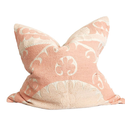 Azra Pastel Pink & Beige Boho Throw Pillow Cover with Uzbek Embroidered Suzani Pattern, Handmade | Lumbar, 20", 24", 26" (Quick Ship)