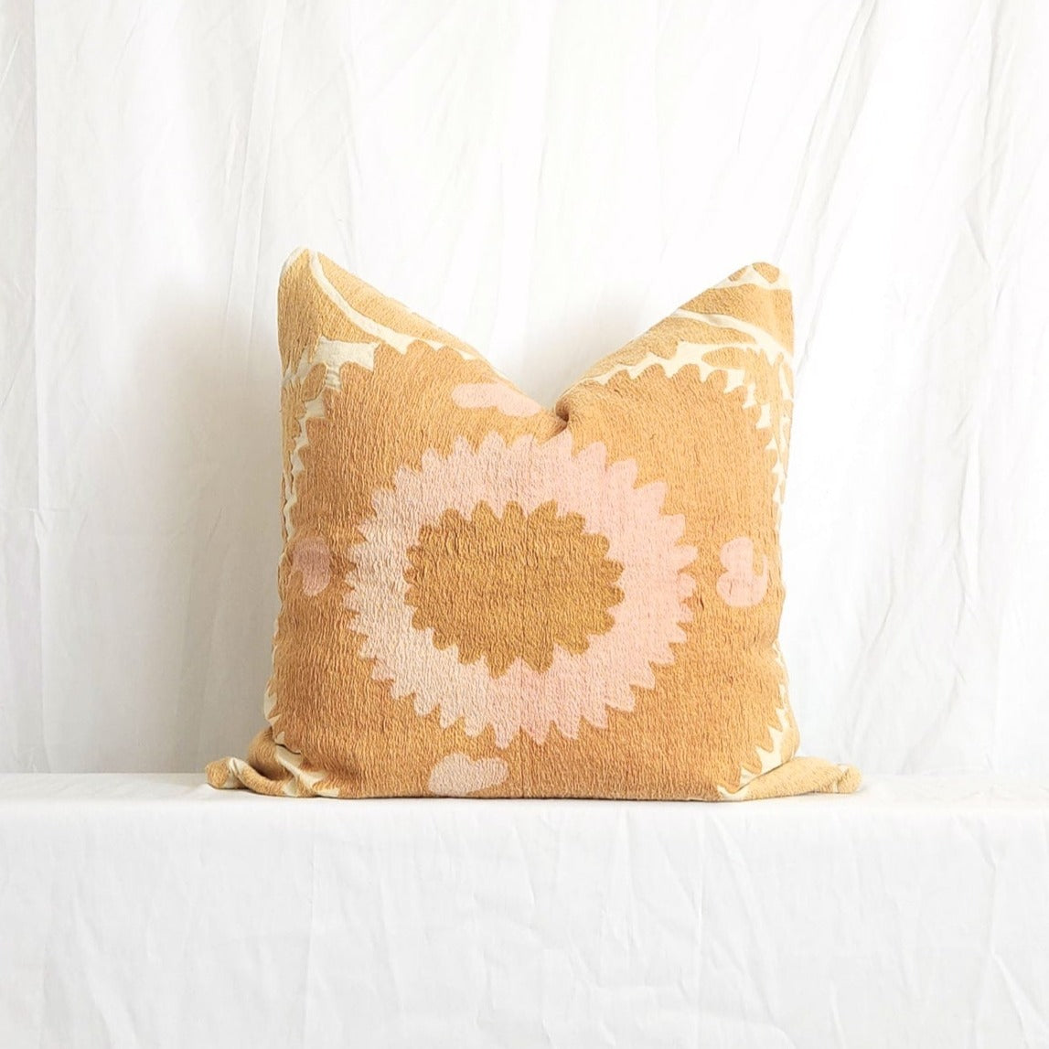 Azra Pastel Yellow & Pink Boho 22" Throw Pillow Cover with Uzbek Embroidered Suzani Pattern | Dusk & Bloom