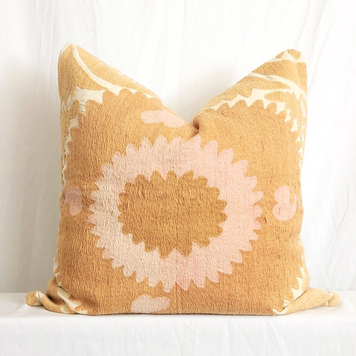 Azra Pastel Yellow & Pink Boho 22" Throw Pillow Cover with Uzbek Embroidered Suzani Pattern | Dusk & Bloom