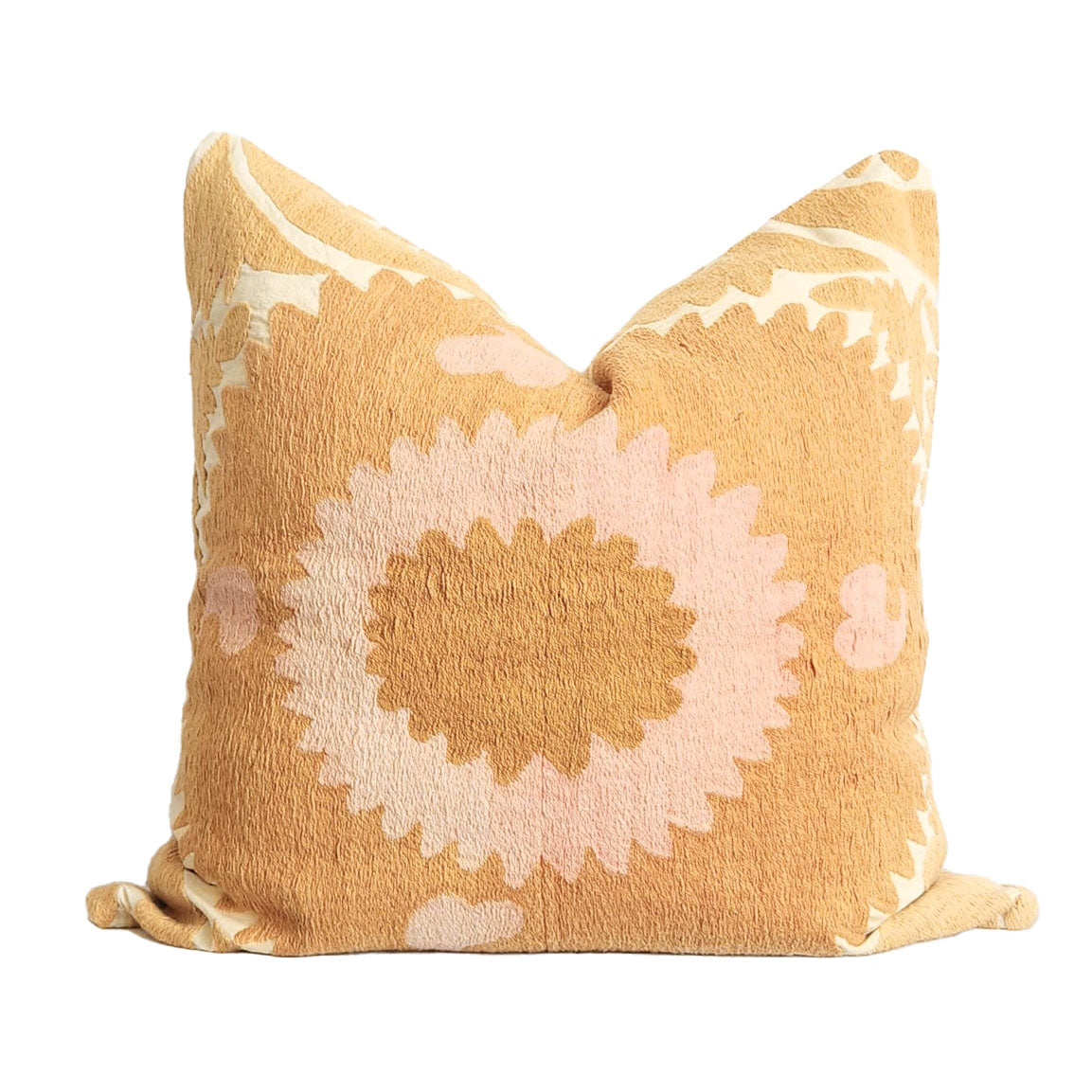 Azra Pastel Yellow & Pink Boho 22" Throw Pillow Cover with Uzbek Embroidered Suzani Pattern | Dusk & Bloom