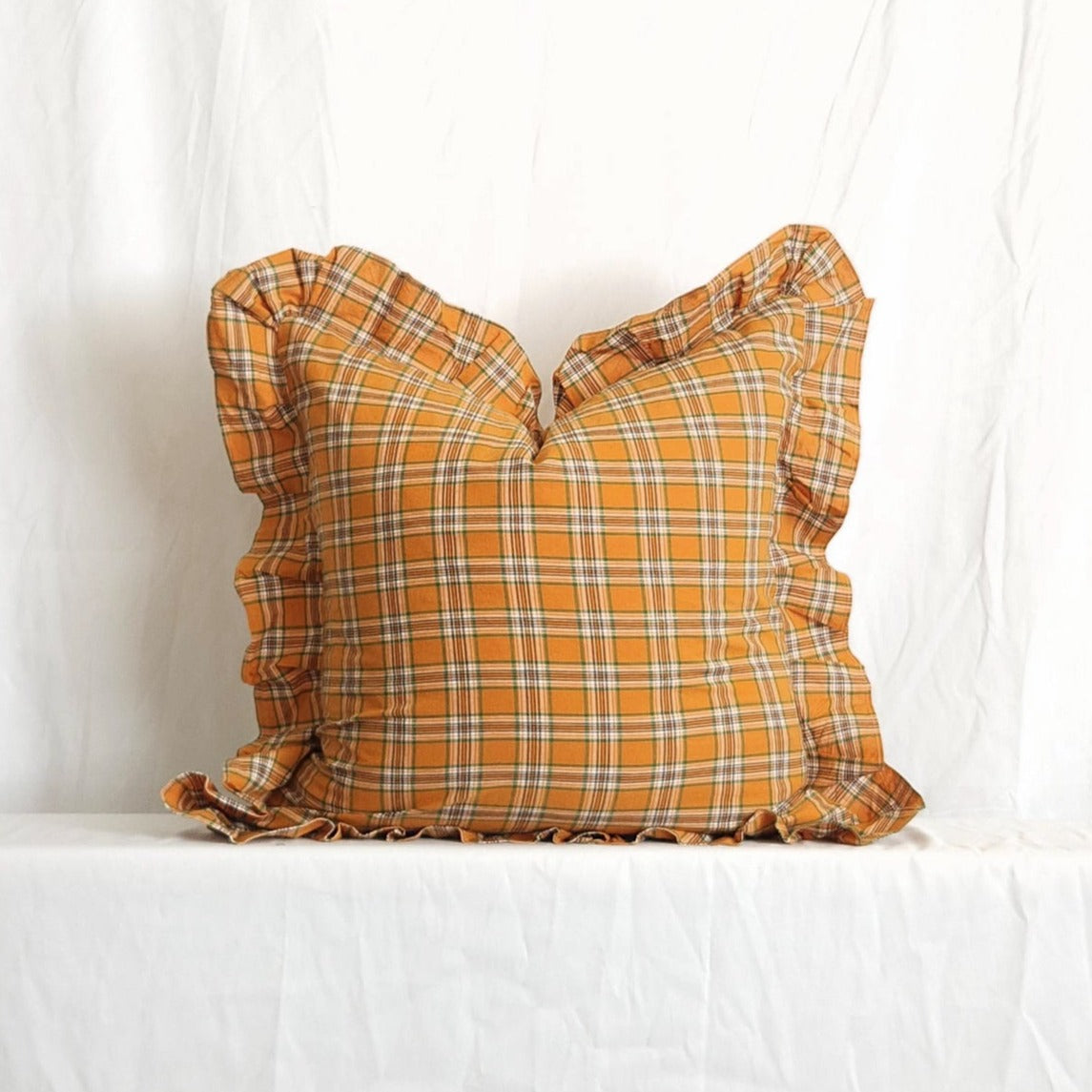 Sarah Burnt Orange Plaid Ruffle 20" Pillow Cover | Dusk & Bloom