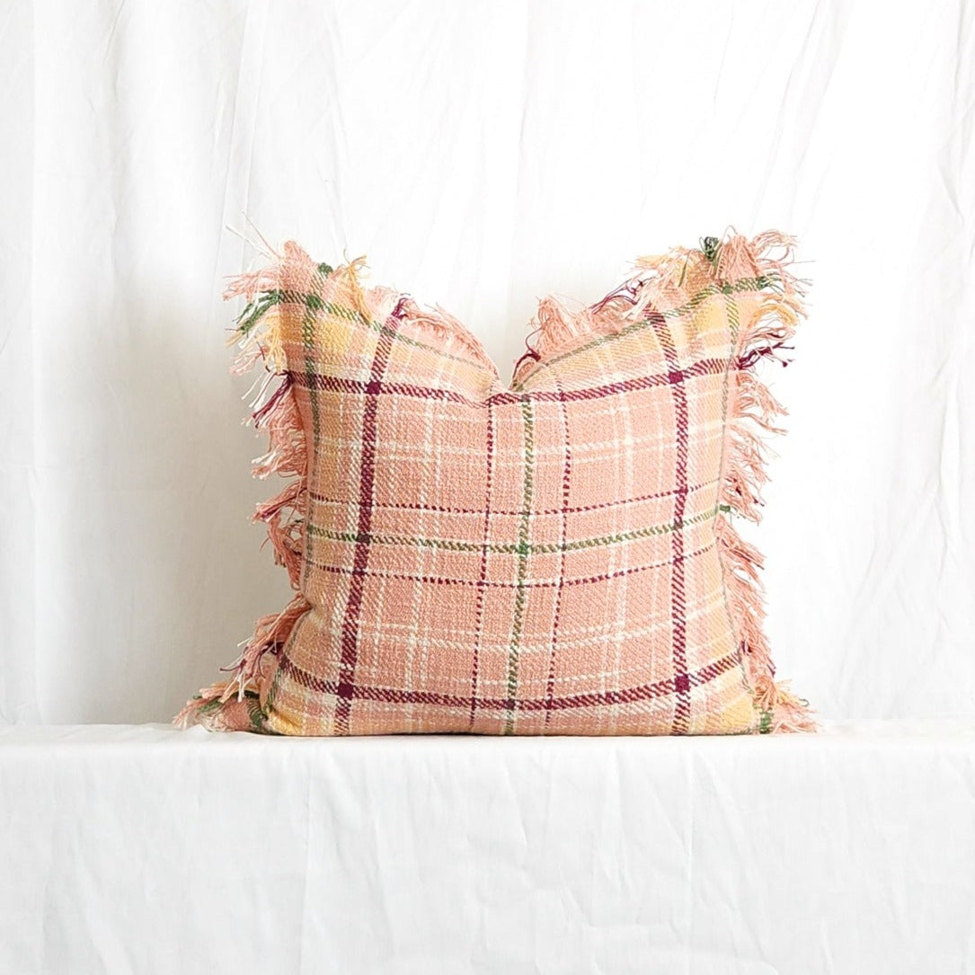 Berry Drew Pink Plaid 20" Pillow Cover with Fringe by LR Home | Dusk & Bloom