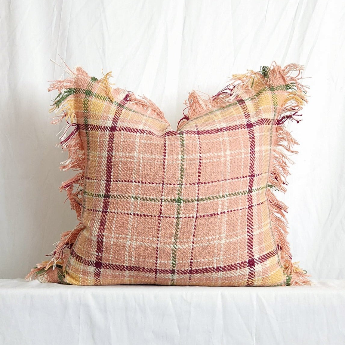 Berry Drew Pink Plaid 20" Pillow Cover with Fringe by LR Home | Dusk & Bloom
