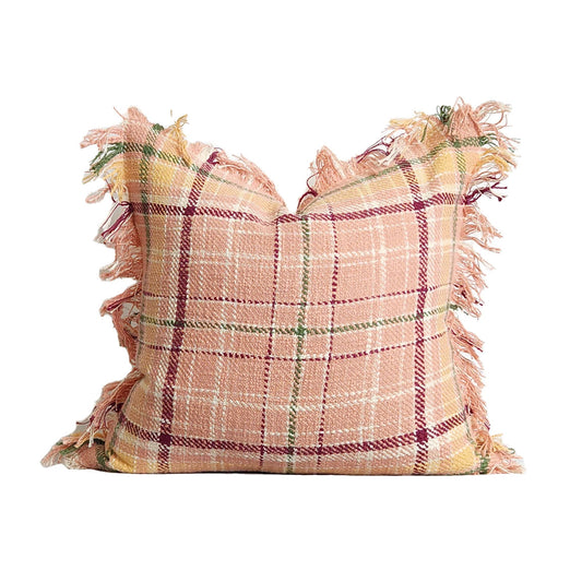Berry Drew 20" Plaid Throw Pillow Cover Pink, Farmhouse Pillow with Fringe | Dusk & Bloom