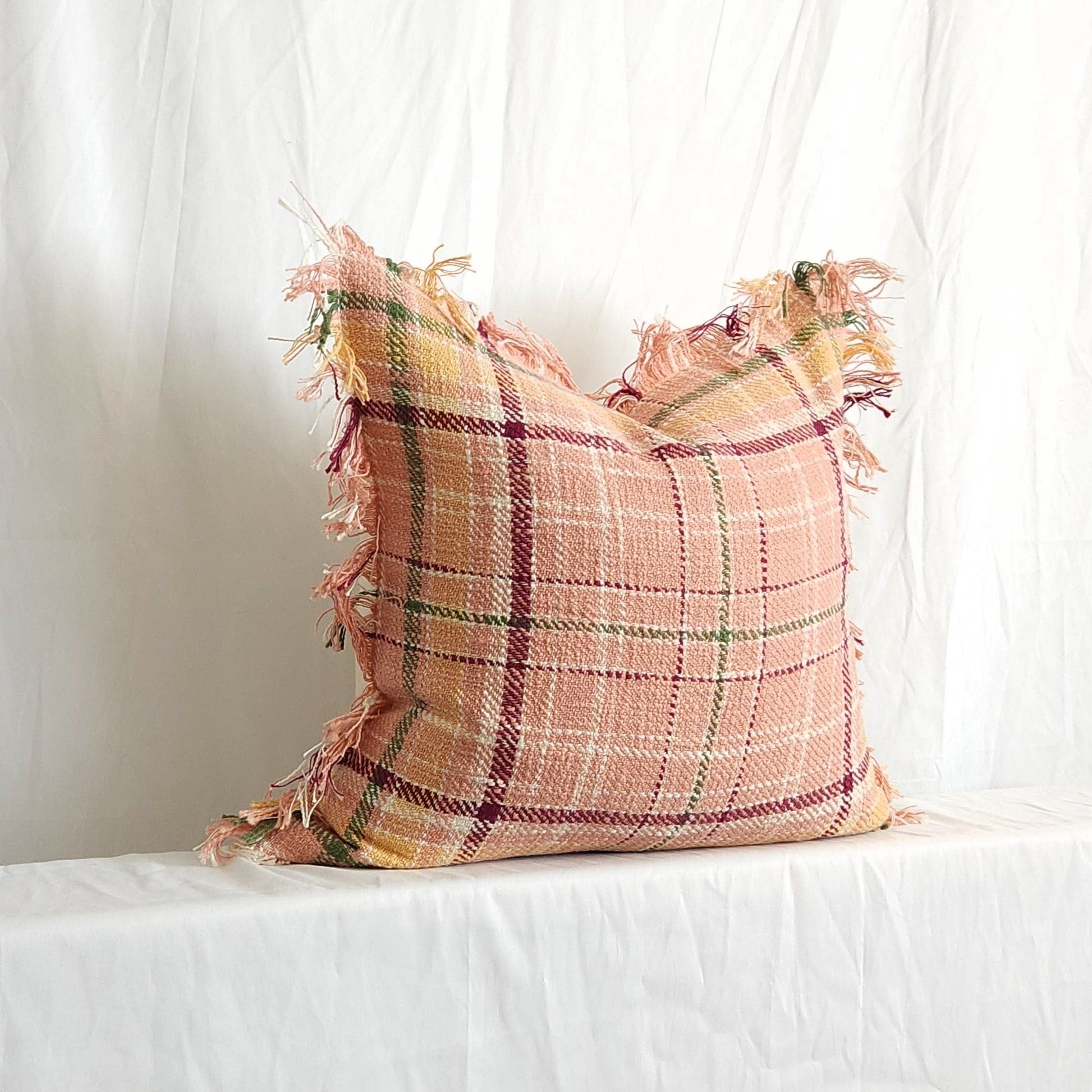 Berry Drew Pink Plaid 20" Pillow Cover with Fringe by LR Home | Dusk & Bloom