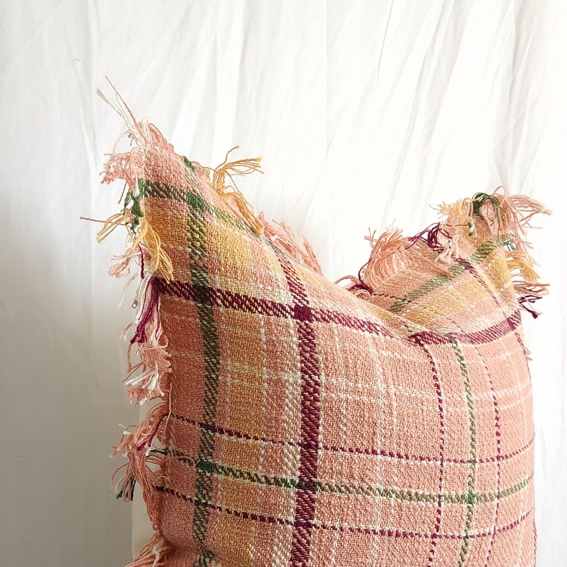 Berry Drew Pink Plaid 20" Pillow Cover with Fringe by LR Home | Dusk & Bloom
