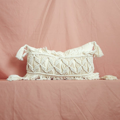 Zizi White Macrame Tassel Handmade Lumbar Pillow Cover | Dusk & Bloom