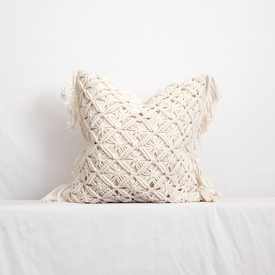 Lily White Boho Macrame 20" Pillow Cover - Handmade | Dusk & Bloom