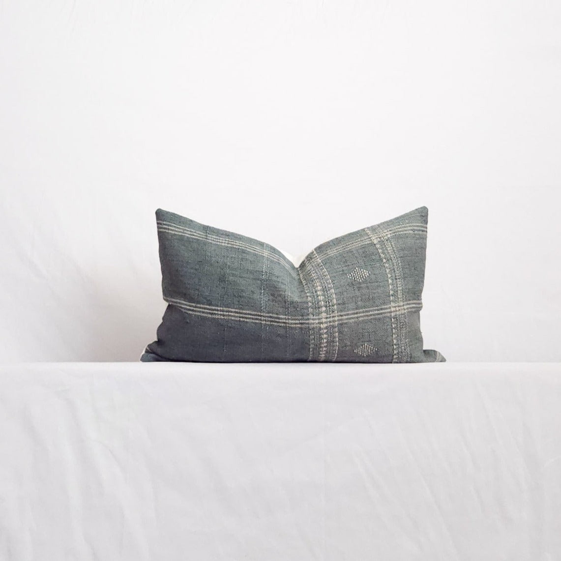 Diya Mist Blue Boho Plaid Indian Wool Lumbar Throw Pillow Cover | Dusk & Bloom