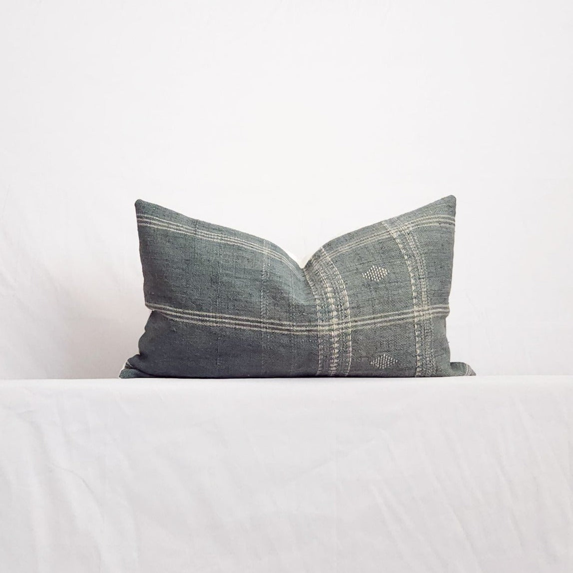 Diya Mist Blue Boho Plaid Indian Wool Lumbar Throw Pillow Cover | Dusk & Bloom
