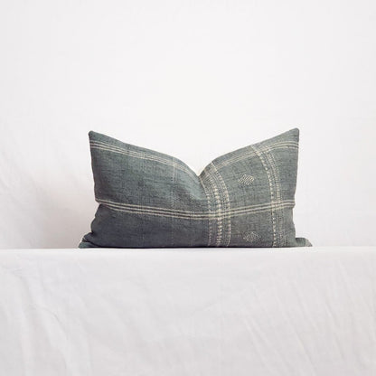 Diya Mist Blue Boho Plaid Indian Wool Lumbar Throw Pillow Cover | Dusk & Bloom