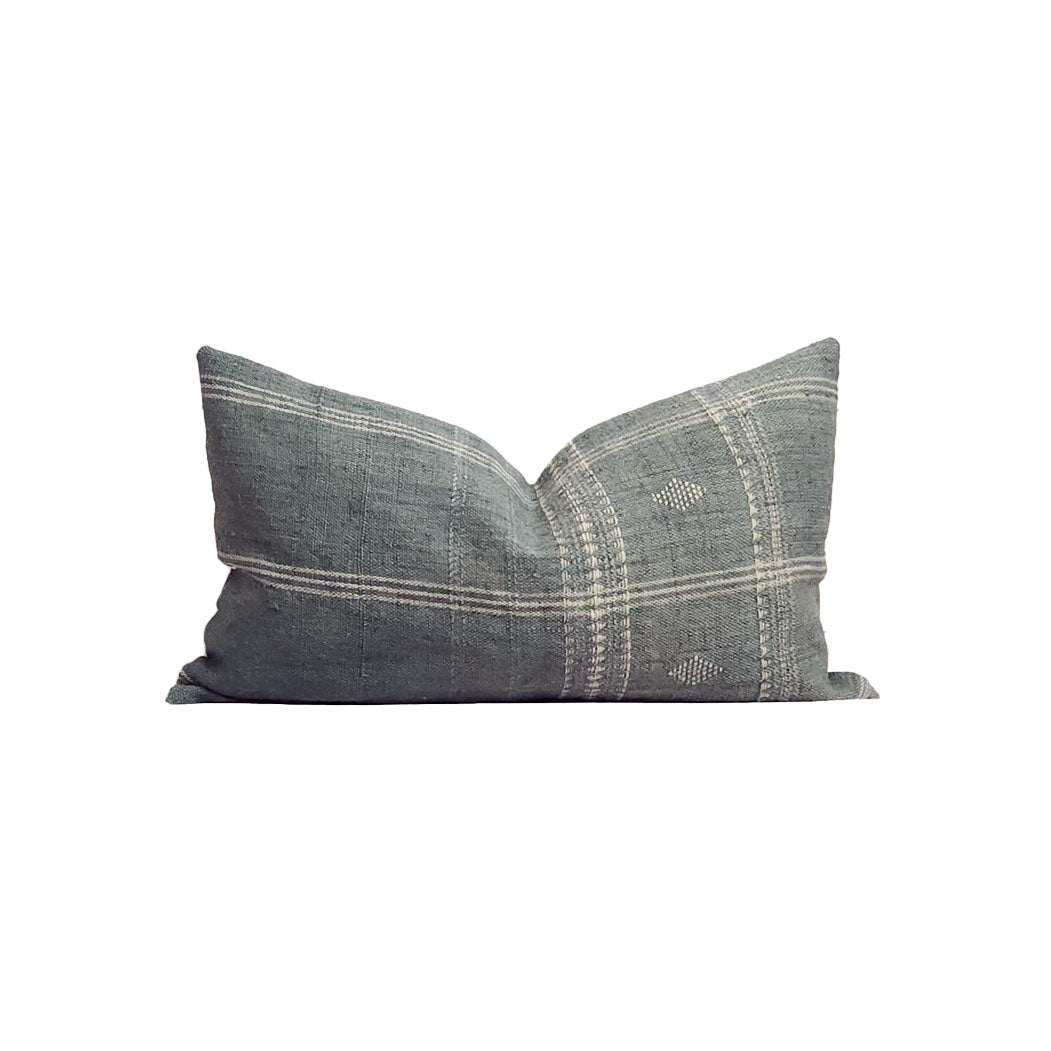 Diya Mist Blue Boho Plaid Indian Wool Lumbar Throw Pillow Cover | Dusk & Bloom