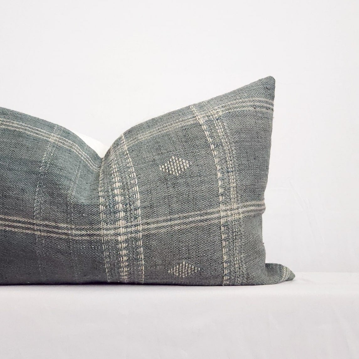 Diya Mist Blue Boho Plaid Indian Wool Lumbar Throw Pillow Cover | Dusk & Bloom