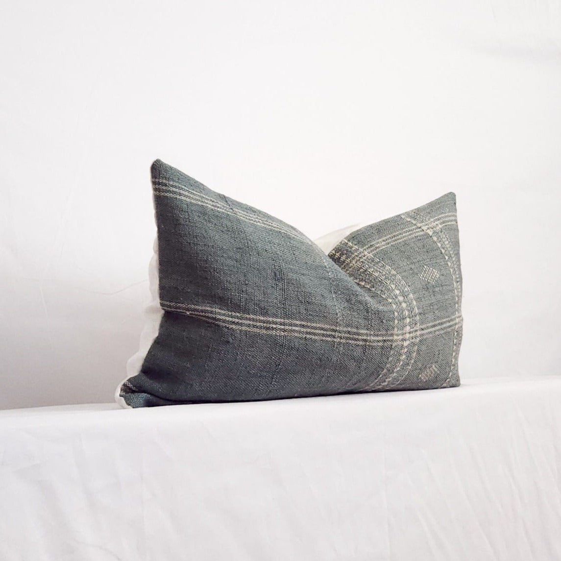 Diya Mist Blue Boho Plaid Indian Wool Lumbar Throw Pillow Cover | Dusk & Bloom
