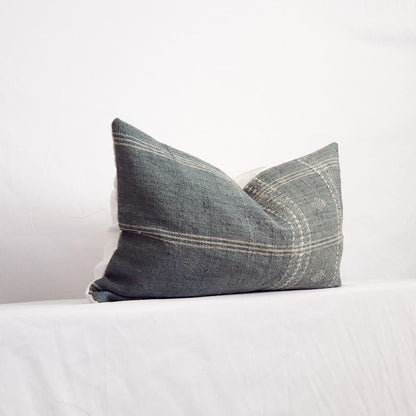 Diya Mist Blue Boho Plaid Indian Wool Lumbar Throw Pillow Cover | Dusk & Bloom