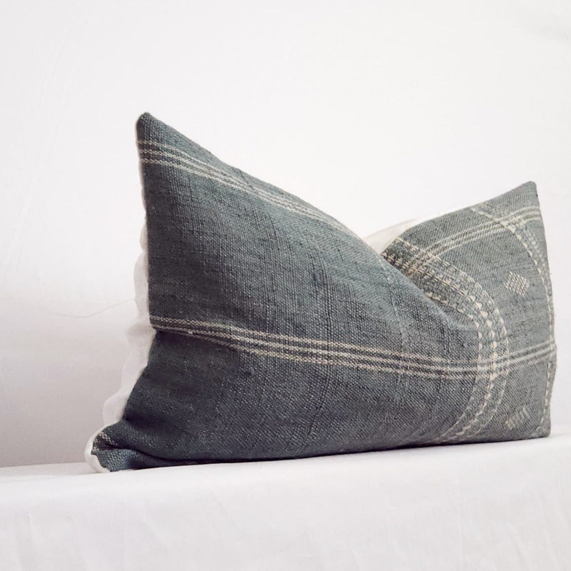 Diya Mist Blue Boho Plaid Indian Wool Lumbar Throw Pillow Cover | Dusk & Bloom