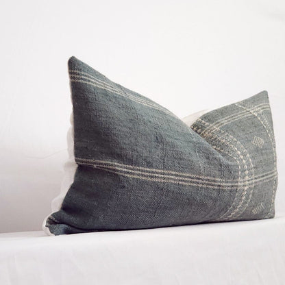 Diya Mist Blue Boho Plaid Indian Wool Lumbar Throw Pillow Cover | Dusk & Bloom