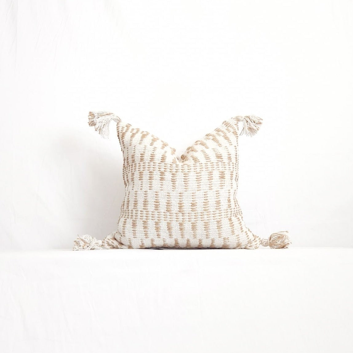 White and Tan Jute Geometric Tasseled 20" Pillow Cover by LR Home - Handmade | Dusk & Bloom