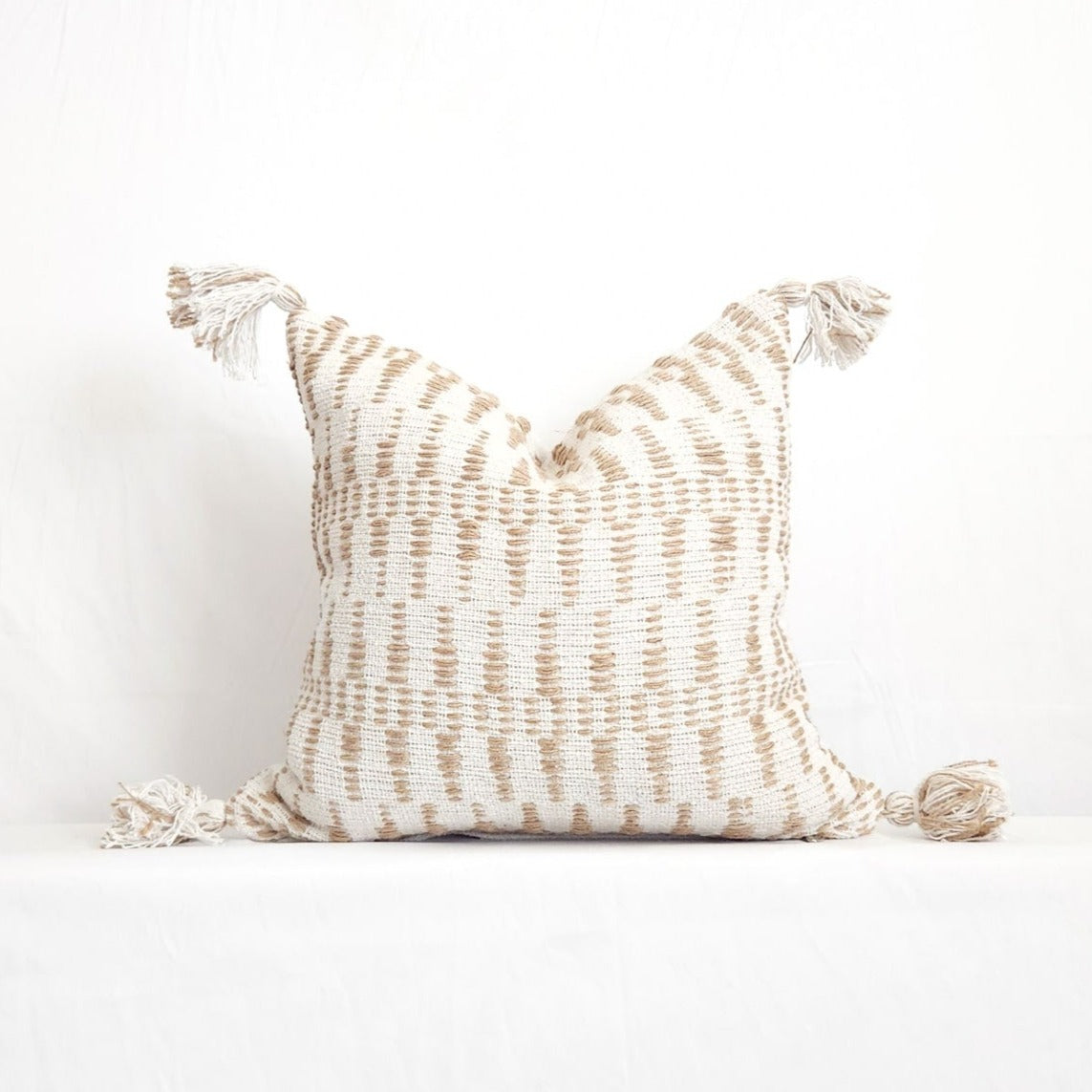 White and Tan Jute Geometric Tasseled 20" Pillow Cover by LR Home - Handmade | Dusk & Bloom