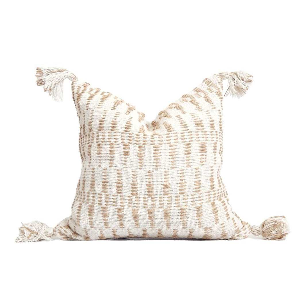 White and Tan Jute Geometric Tasseled 20" Pillow Cover by LR Home - Handmade | Dusk & Bloom