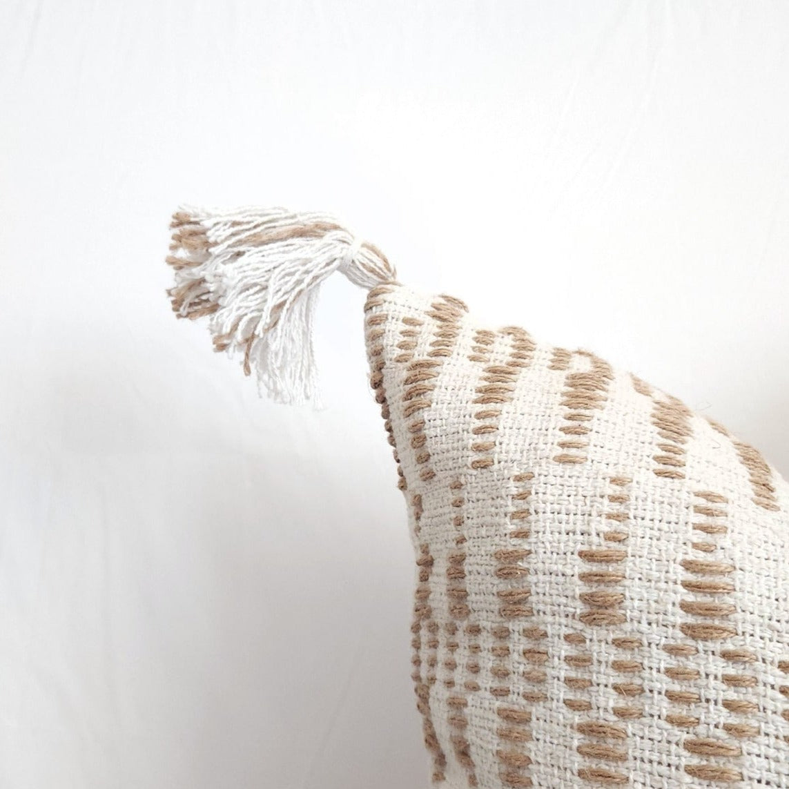 White and Tan Jute Geometric Tasseled 20" Pillow Cover by LR Home - Handmade | Dusk & Bloom