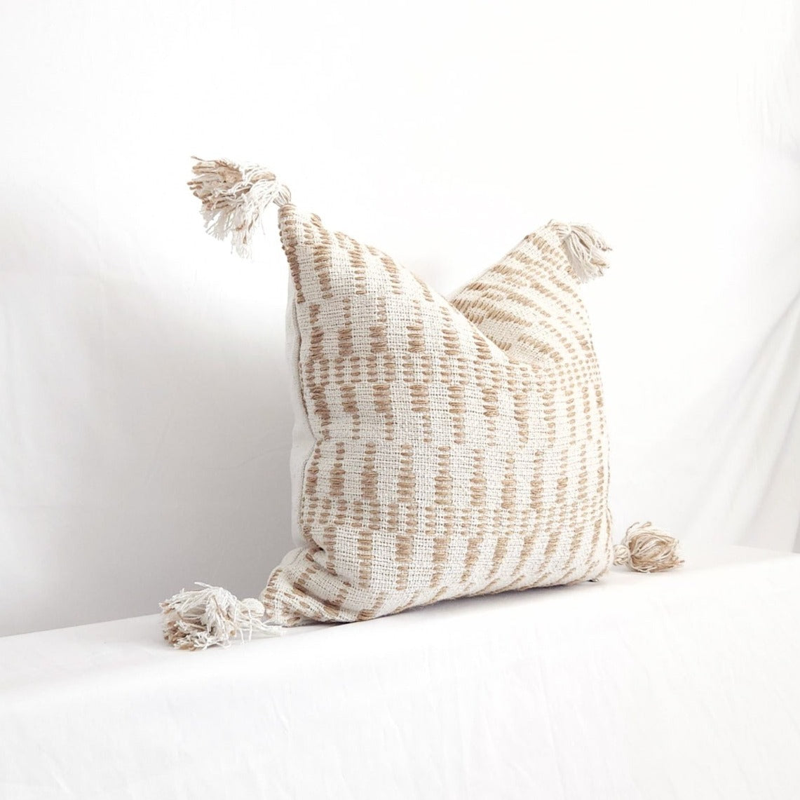 White and Tan Jute Geometric Tasseled 20" Pillow Cover by LR Home - Handmade | Dusk & Bloom