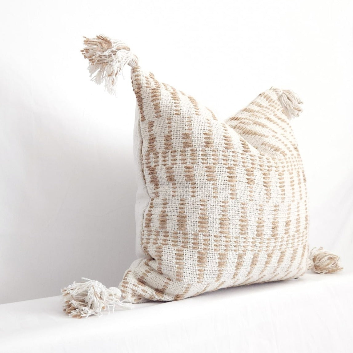 White and Tan Jute Geometric Tasseled 20" Pillow Cover by LR Home - Handmade | Dusk & Bloom