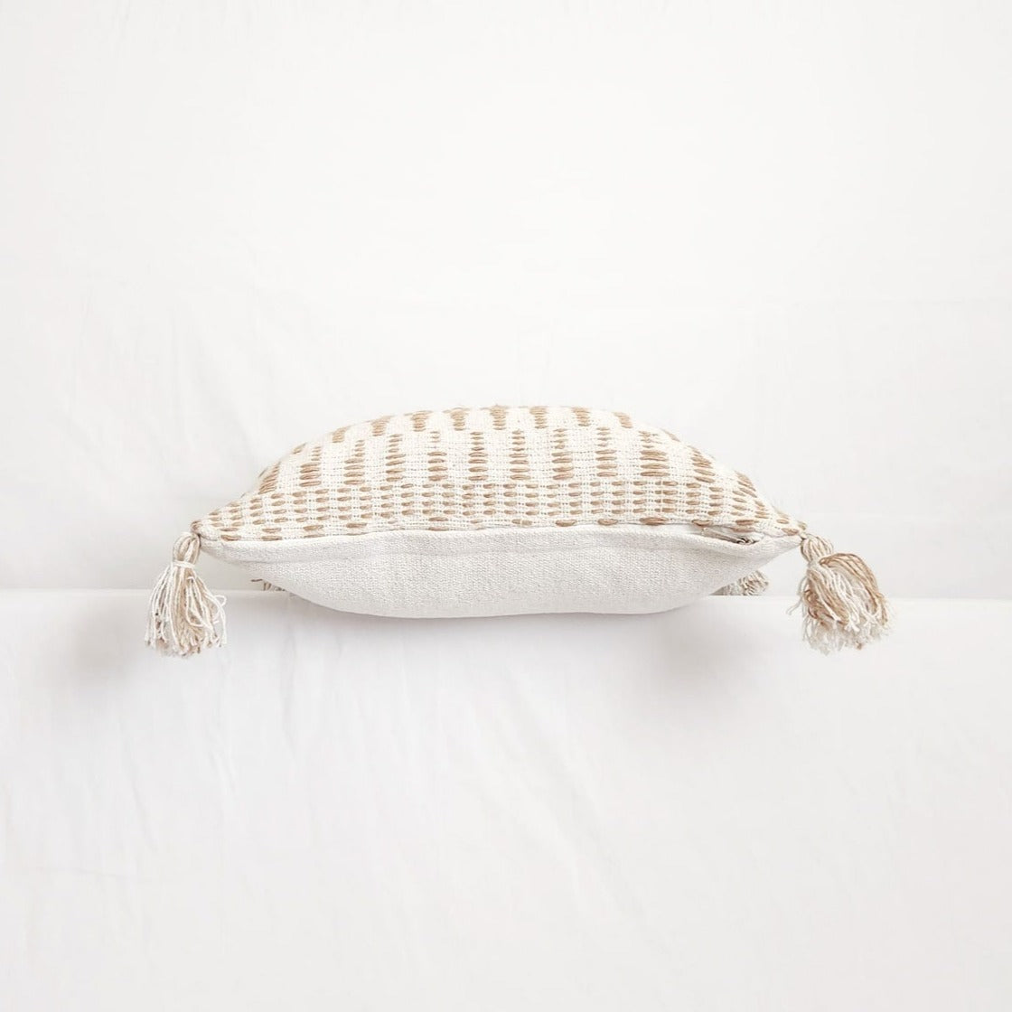 White and Tan Jute Geometric Tasseled 20" Pillow Cover by LR Home - Handmade | Dusk & Bloom