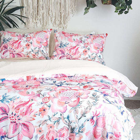 Indira Pink Boho Bedding Set, Pink Flower Duvet Cover Set | Dusk & Bloom