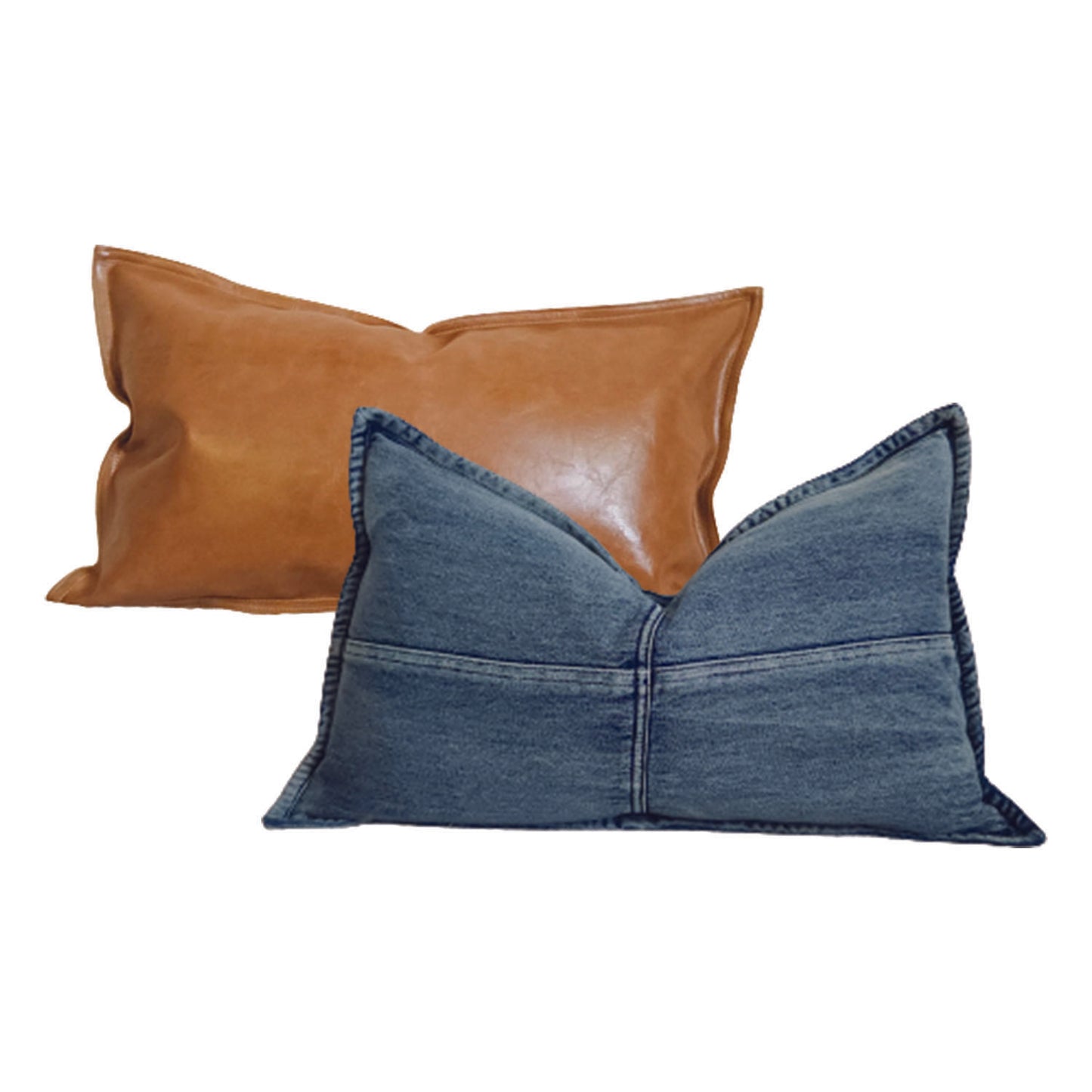 Daryl+Dixie Camel Faux Leather & Denim Rustic Coastal 2-Pack Throw Pillow Cover Bundle (Quick Ship)