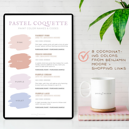 Pastel Paint Color Palette - Coquette Color Palette for Whole House Interior + Materials & Finishes Guide | Dusk & Bloom