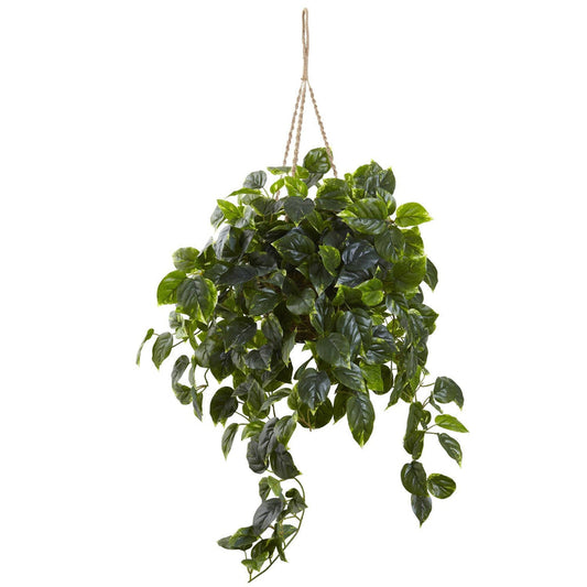 Faux Pothos Hanging Vines in Basket - UV Resistant, Indoor/Outdoor (Quick Ship)
