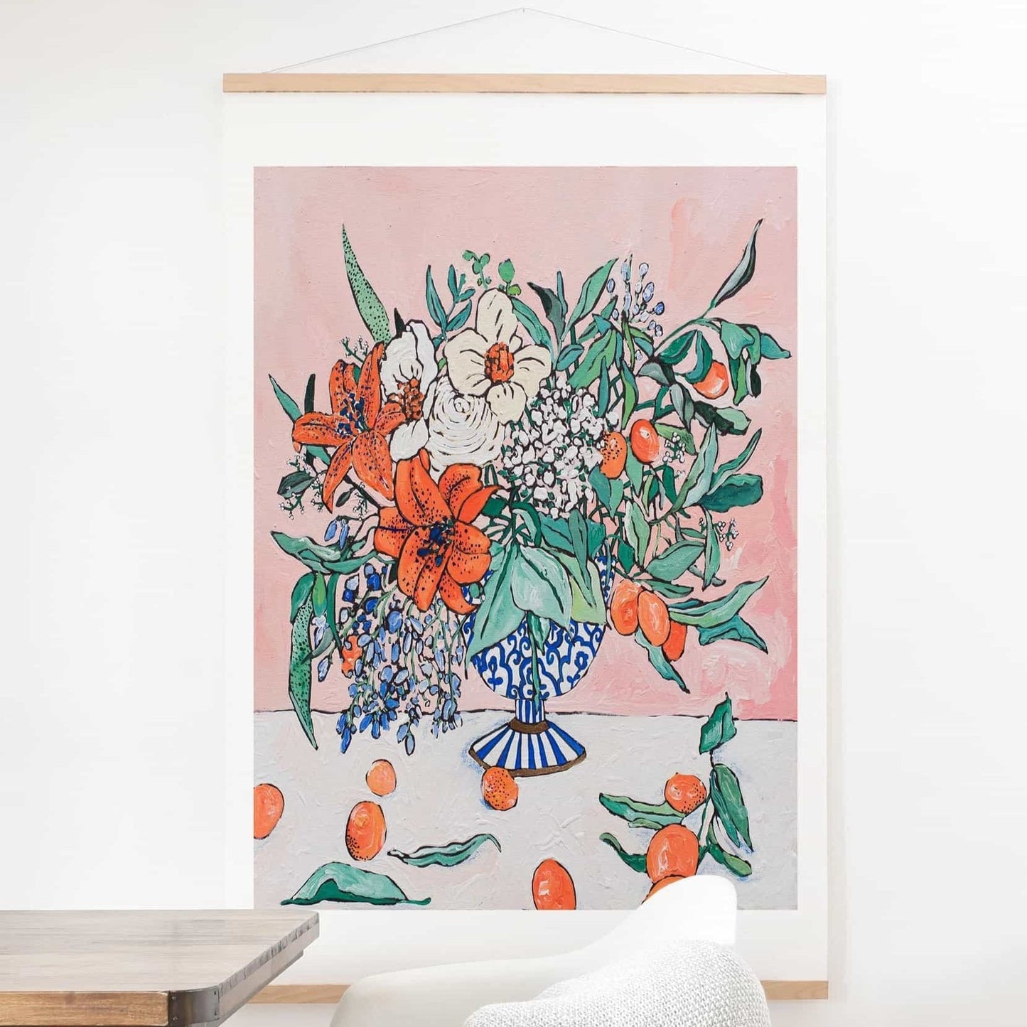 Florals on Pink Art Print on Hanger - 'California Summer Bouquet Ora' by Lara Lee Meintjes | Dusk & Bloom