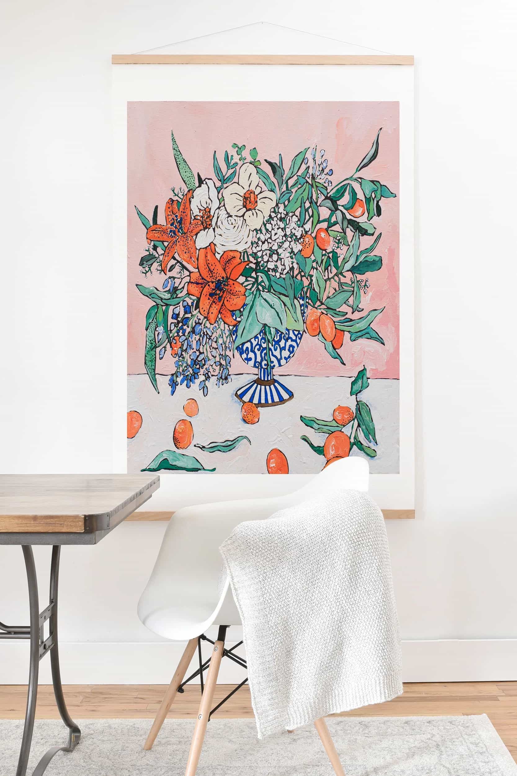 Florals on Pink Art Print on Hanger - 'California Summer Bouquet Ora' by Lara Lee Meintjes | Dusk & Bloom