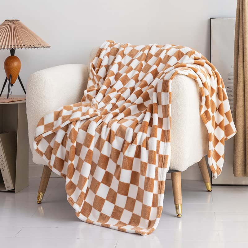 Bobby Tan Brown Retro Checkered Flannel Throw Blanket (Long) | Dusk & Bloom