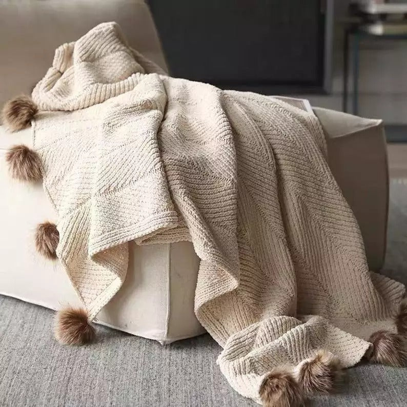Gigi Cream Chenille Pom-Pom Throw Blanket | Dusk & Bloom