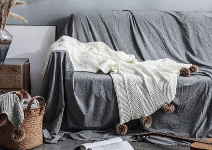 Gigi White Chenille Pom-Pom Throw Blanket | Dusk & Bloom