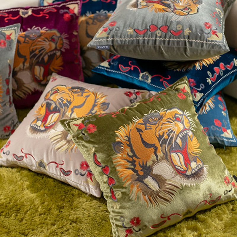 Taisha Embroidered Tiger Off-White Velvet 20" Pillow Cover | Dusk & Bloom