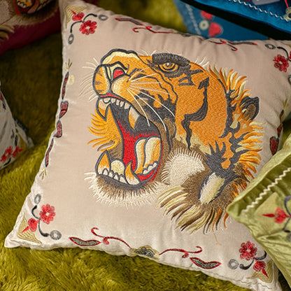 Taisha Embroidered Tiger Off-White Velvet 20" Pillow Cover | Dusk & Bloom