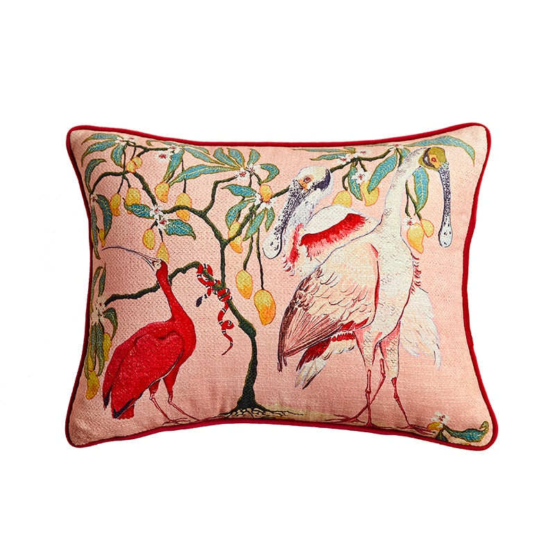 Liyu 'Birds Under Fruit Tree' Lumbar Pillow Cover with Red Piping | Dusk & Bloom