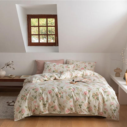 Anna Ivory Cottagecore Floral Duvet Cover Set with Pink Sheet | Dusk & Bloom