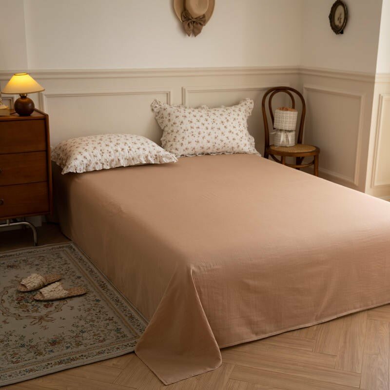 Emma White & Brown Cotton Ditsy Floral Cottagecore Duvet Cover Set with Ruffles and Brown Sheet